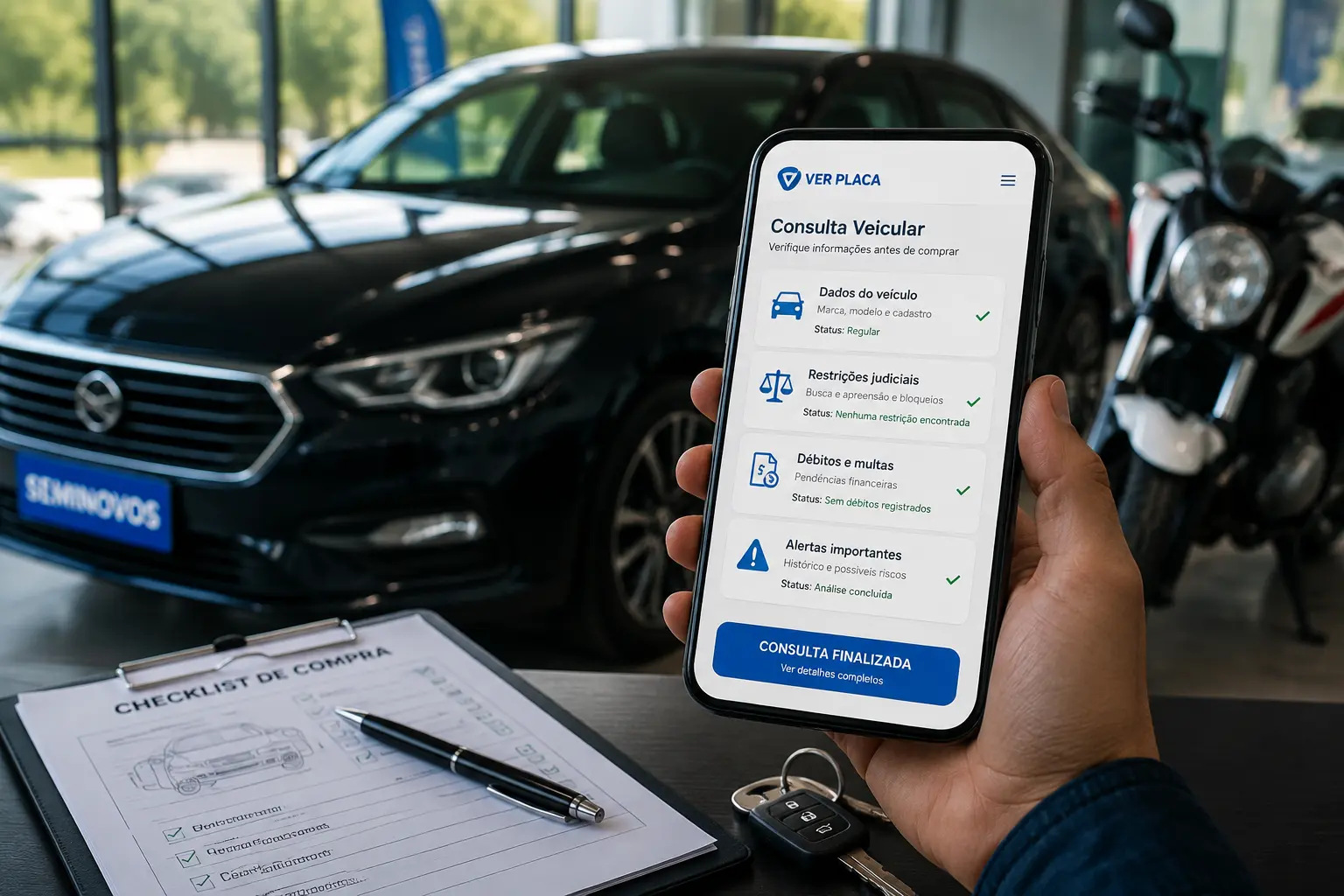 Homem segurando o celular com o app Ver Placa mostrando o resultado da consulta veicular, em frente a um carro seminovo e uma moto