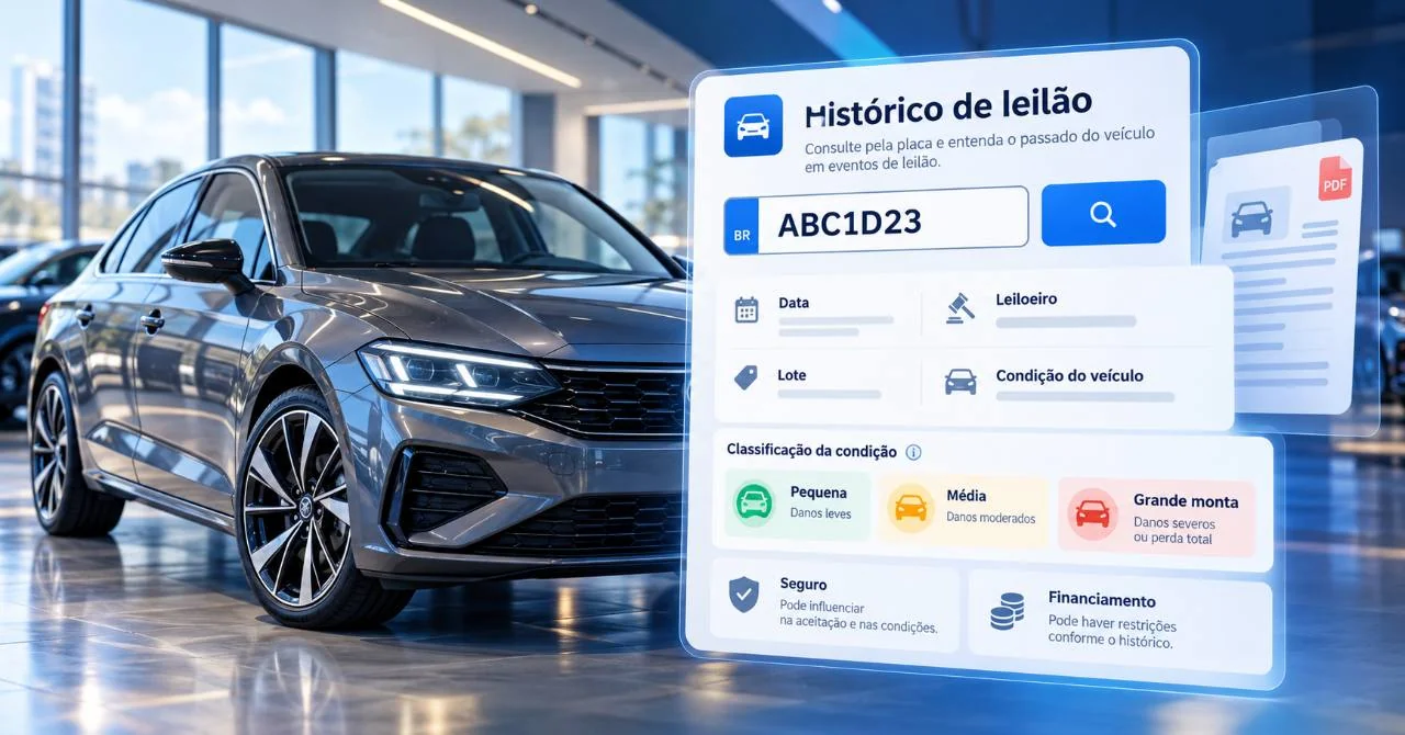Ilustração de um carro ao lado de uma interface de histórico de leilão, com placa de exemplo, lote e classificação de danos.