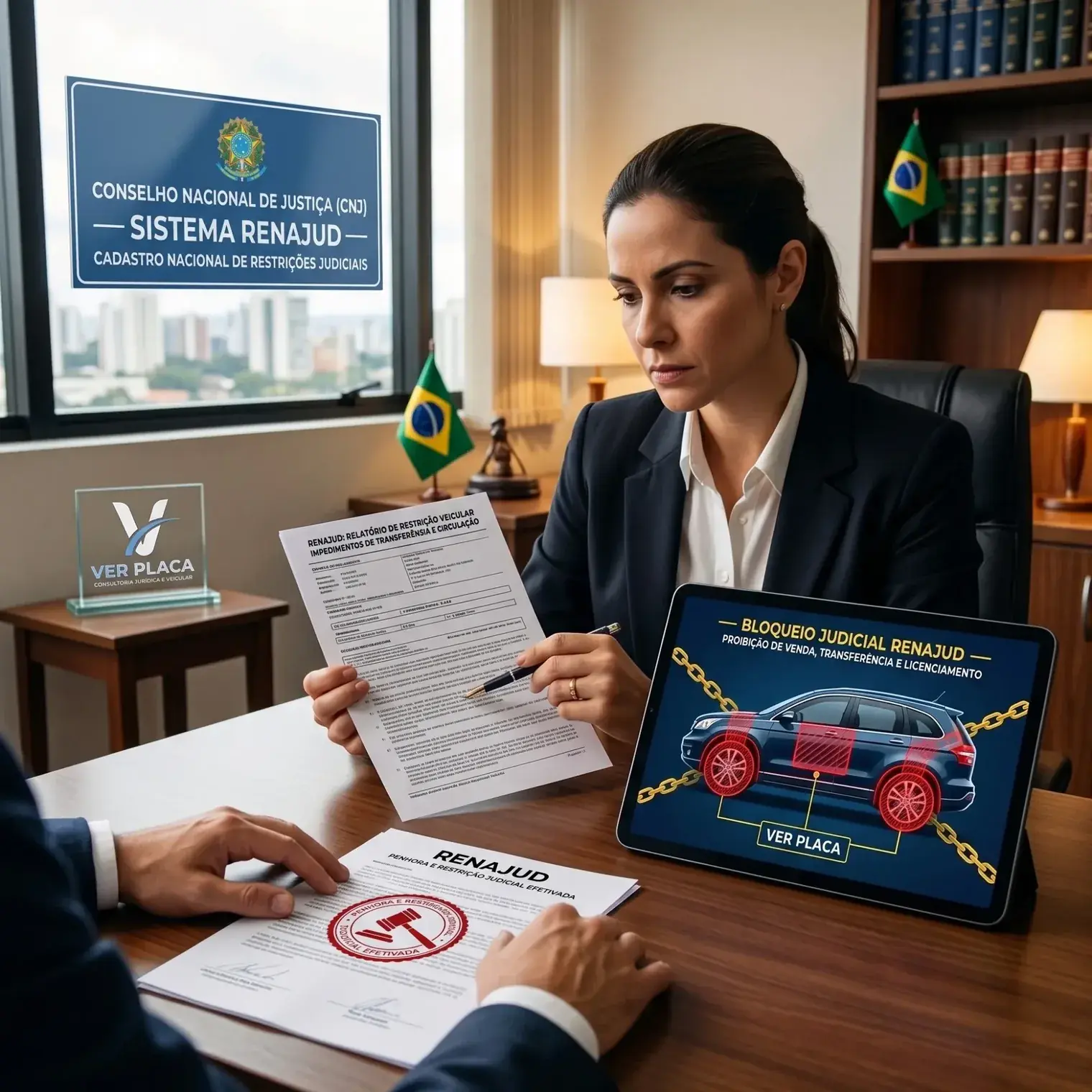 Advogada analisando relatório de restrição judicial Renajud de um veículo